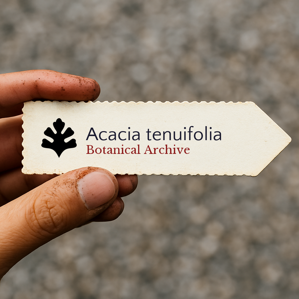 Bedrucktes Pflanzenetikett für Acacia tenuifolia mit Botanical Archive-Logo, in der Hand gehalten