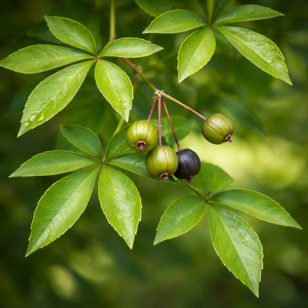 Acanthopanax sieboldianus green compound leaves with round berries on branch