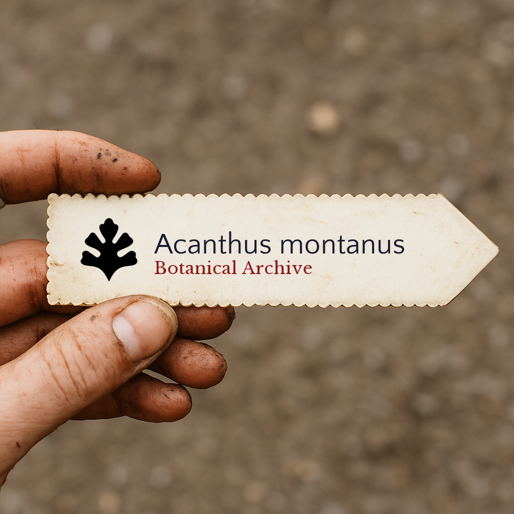 Bedrucktes Pflanzenetikett für Acanthus montanus, gehalten von einer schmutzigen Hand im Freien
