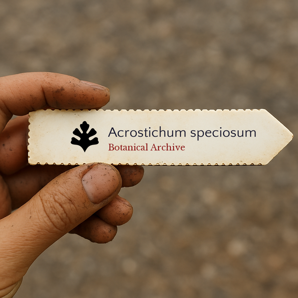 Étiquette de plante imprimée pour Acrostichum speciosum tenue par une main sale en extérieur
