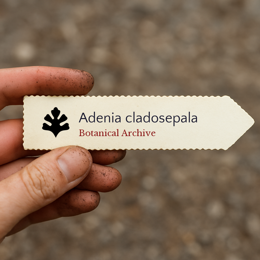 Printed plant label for Adenia cladosepala held by a hand with soil on fingers