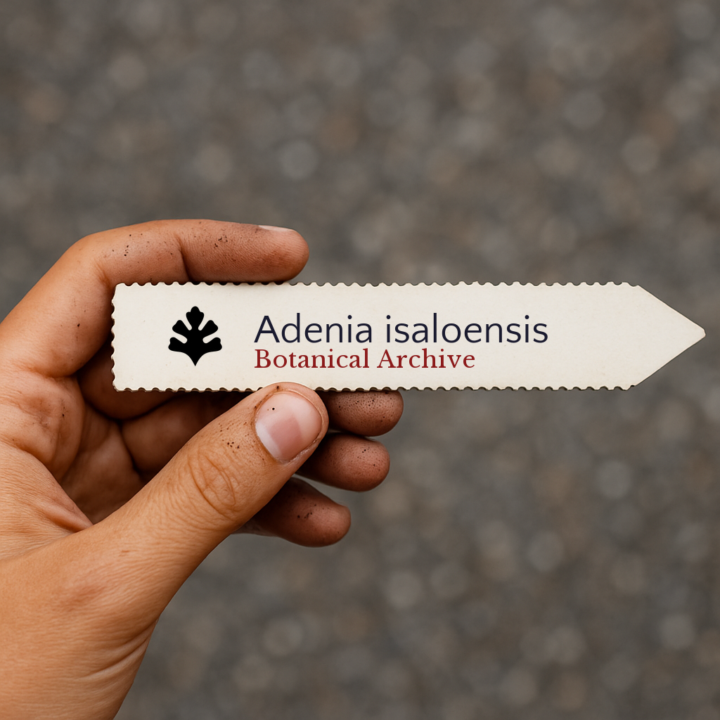 Trykt planteetikett for Adenia isaloensis holdt i hånden med jord på fingrene