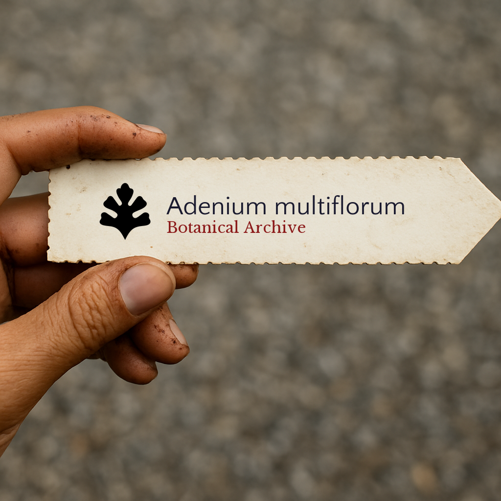 Printed plant label for Adenium multiflorum with botanical archive logo held by hand