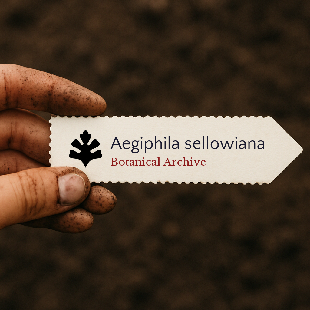 Printed plant label for Aegiphila sellowiana held by dirty hand over soil background