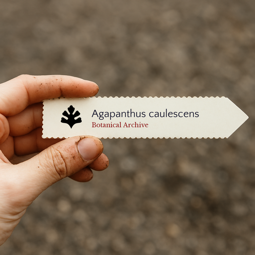 Bedrucktes Pflanzenetikett für Agapanthus caulescens, in der Hand gehalten vor Erdhintergrund