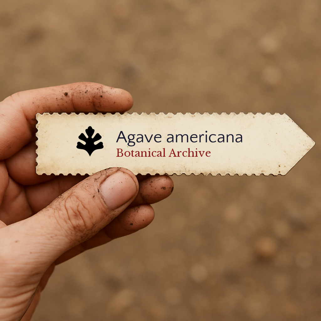 Etiqueta impresa para planta Agave americana sostenida a mano con fondo de tierra