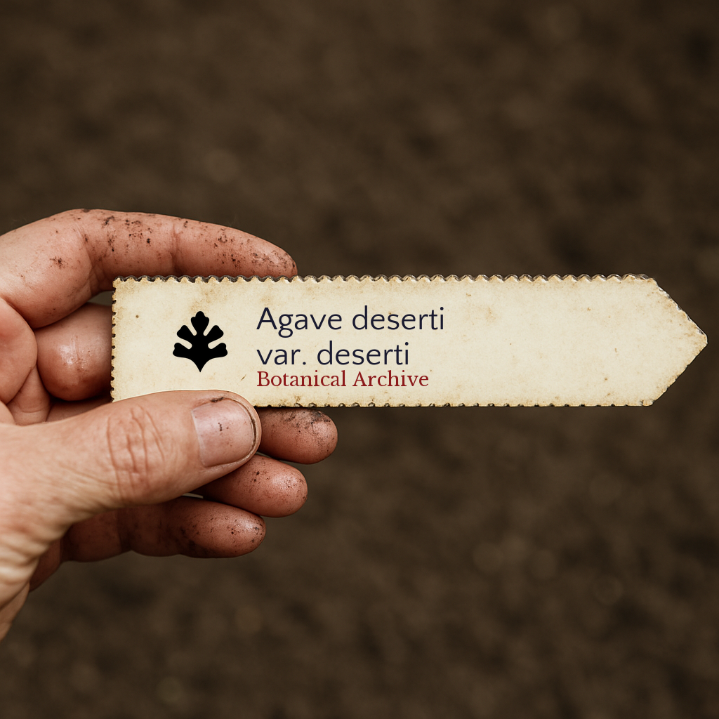 Bedrucktes Pflanzenetikett für Agave deserti var. deserti, gehalten von schmutziger Hand vor einem Hintergrund aus Erde