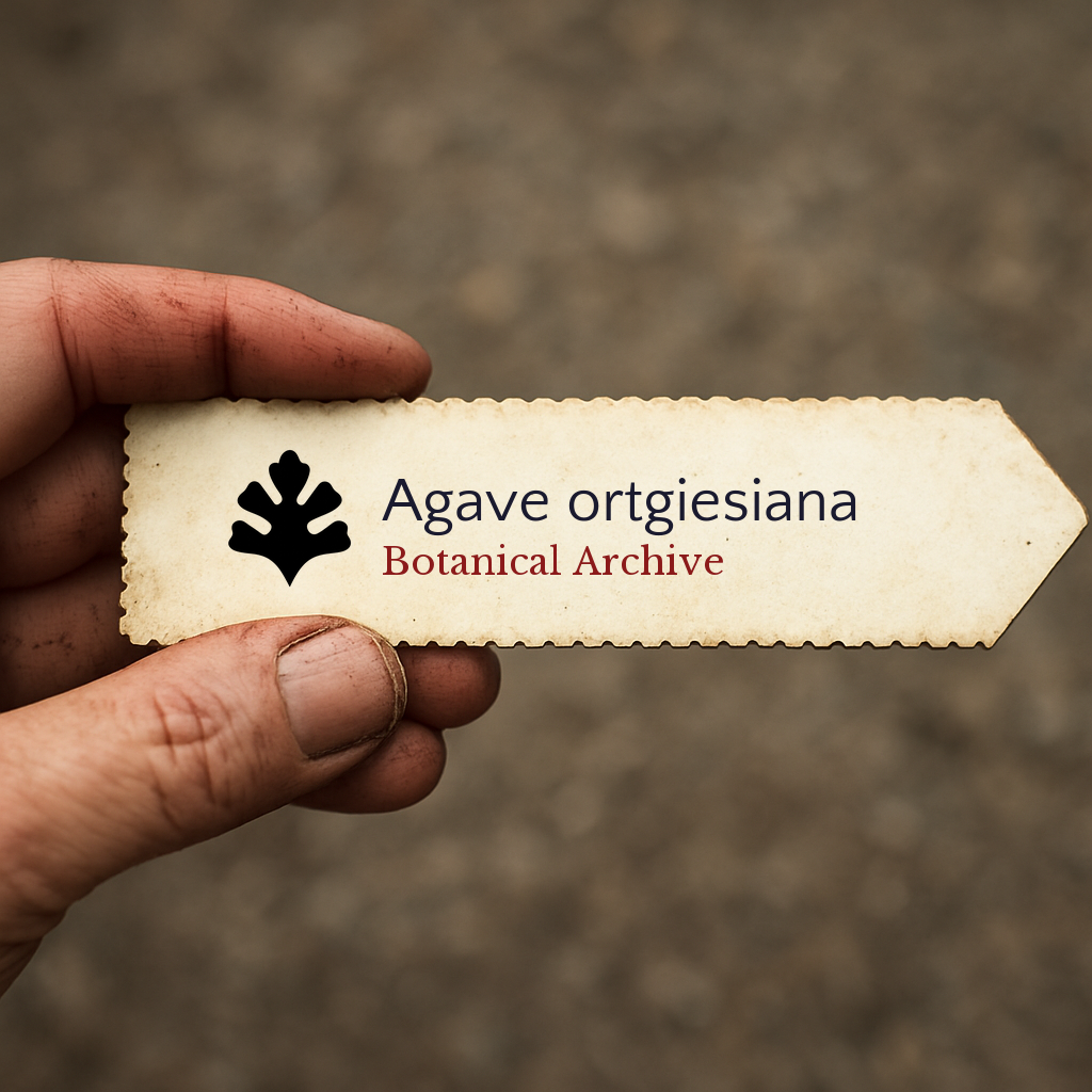 Etichetta per pianta stampata per Agave ortgiesiana con il logo di Botanical Archive su carta testurizzata