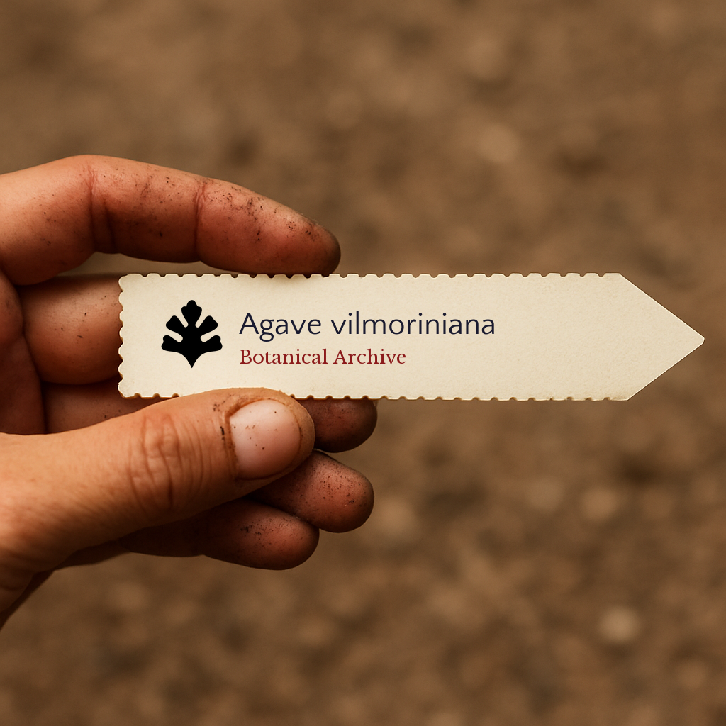 Trykt planteetikett for Agave vilmoriniana holdt i hånden med jordbakgrunn