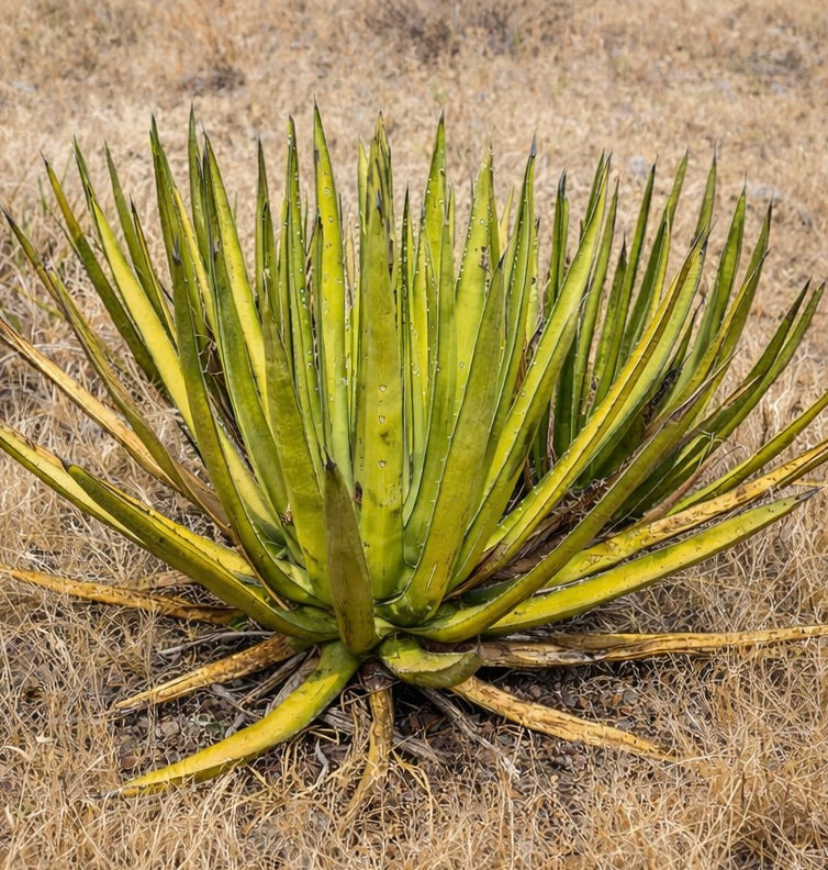 Agave lechuguilla Sukkulente Rosette mit langen schmalen dornigen Blättern in trockenem Lebensraum