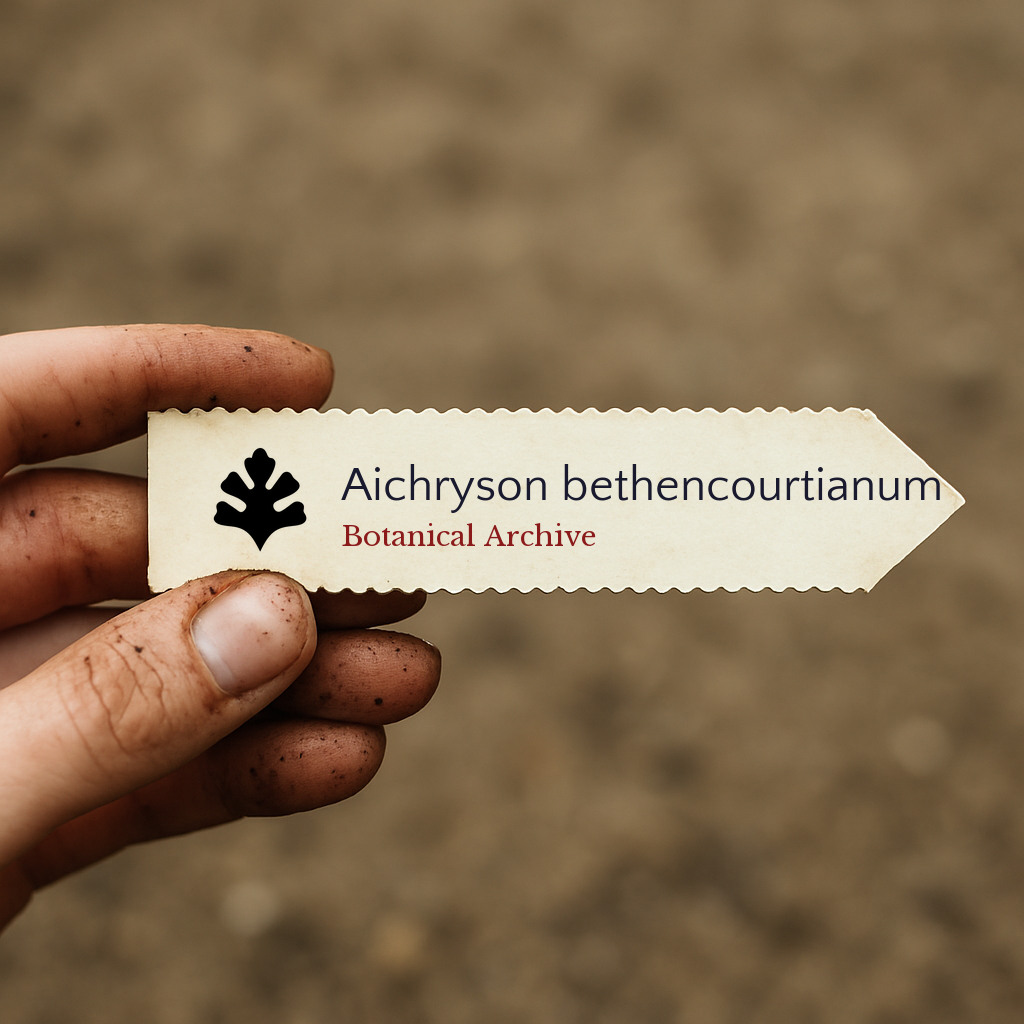 Etichetta stampata per pianta di Aichryson bethencourtianum tenuta da mano sporca contro sfondo di terriccio