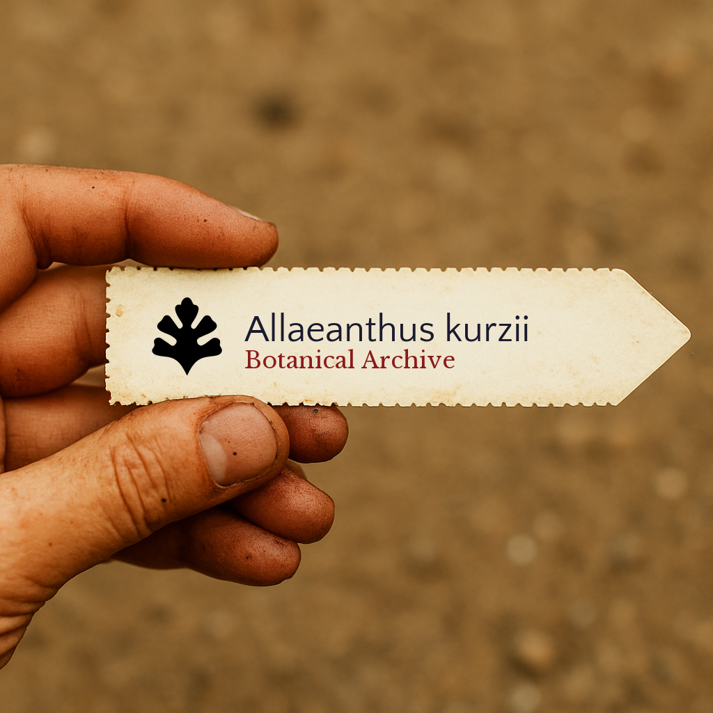 Printed plant label for Allaeanthus kurzii held by hand with soil background