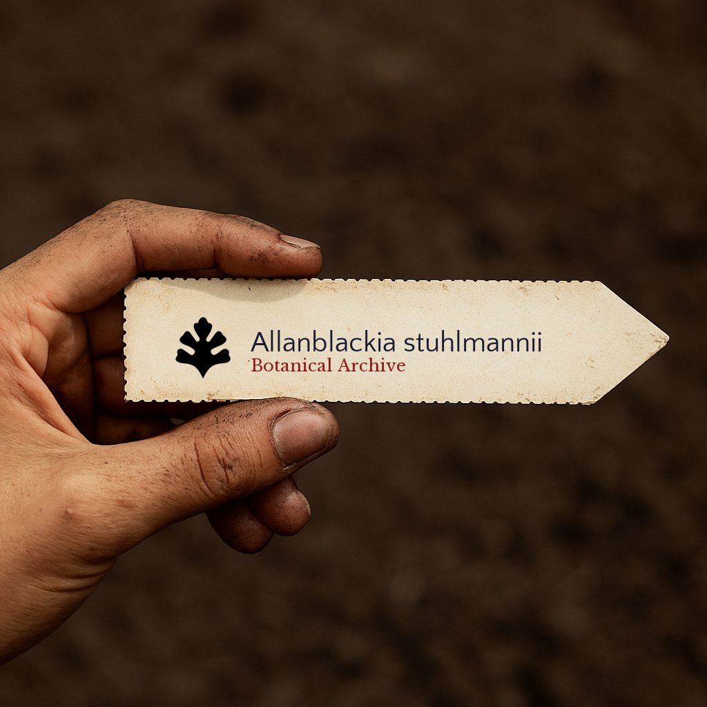 Gedrucktes Pflanzenetikett für Allanblackia stuhlmannii mit Botanical Archive Logo in der Hand