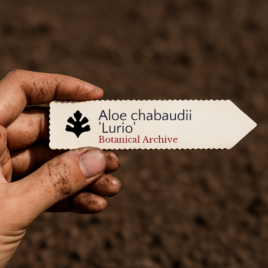 Pflanzenschild für Aloe chabaudii 'Lurio', gehalten von schmutziger Hand vor Hintergrund mit Erde