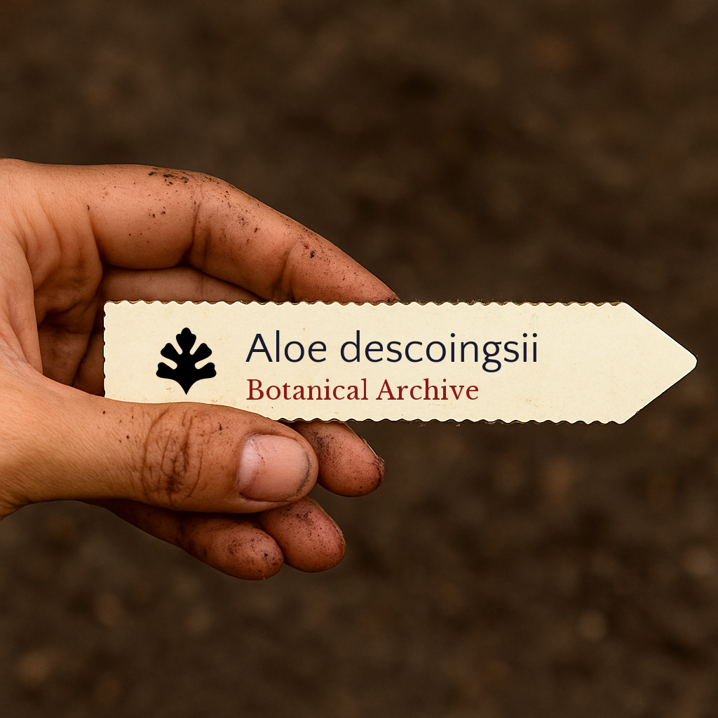 Etichetta per pianta di Aloe descoingsii tenuta da mano sporca su sfondo di terra