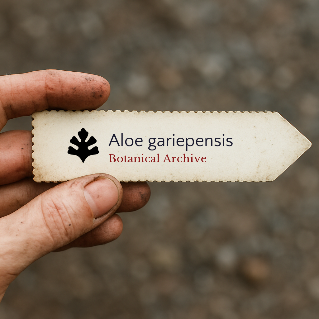 Etichetta per pianta stampata per Aloe gariepensis con il logo Botanical Archive tenuta in mano
