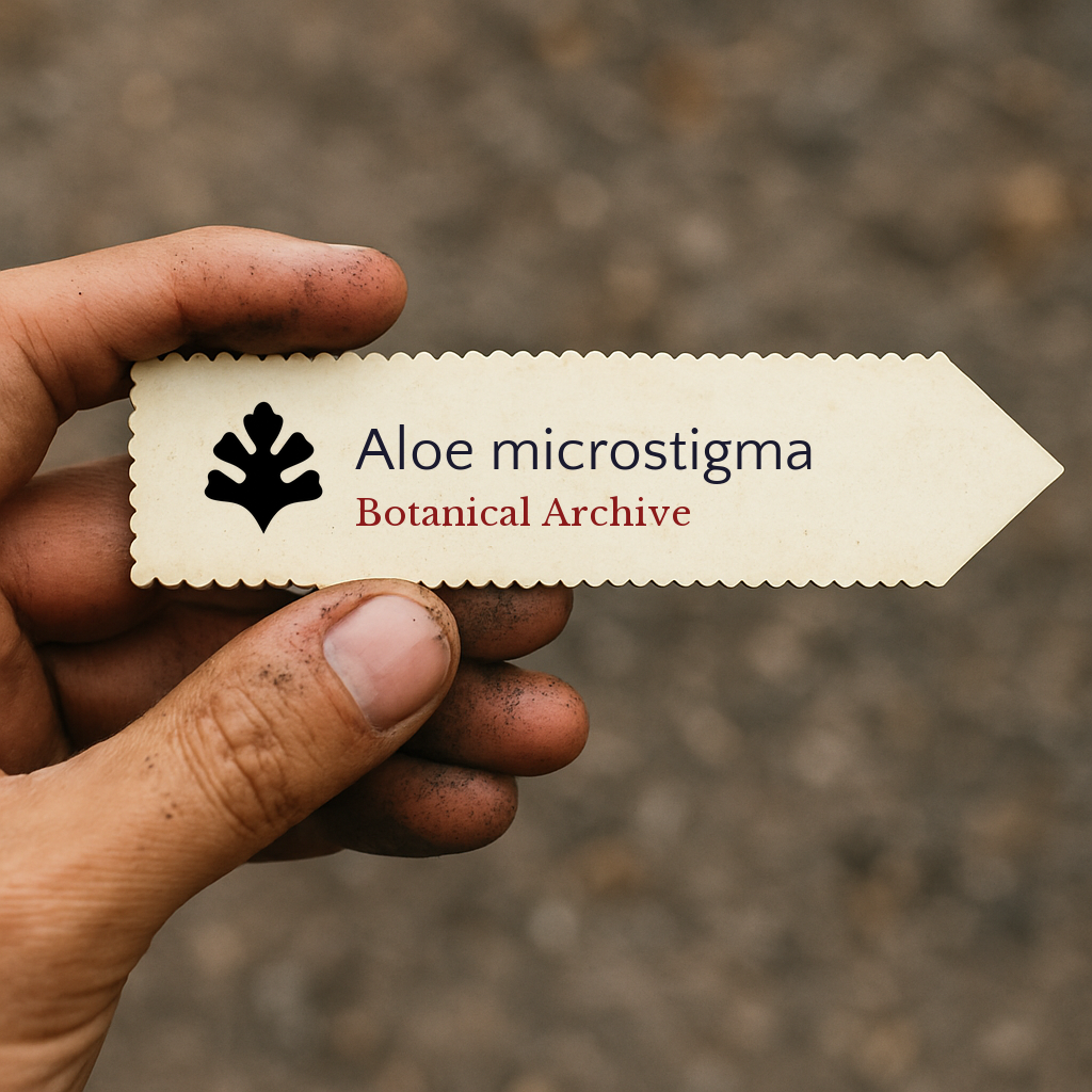 Etichetta per piante stampata per Aloe microstigma tenuta in mano con terra sulle dita