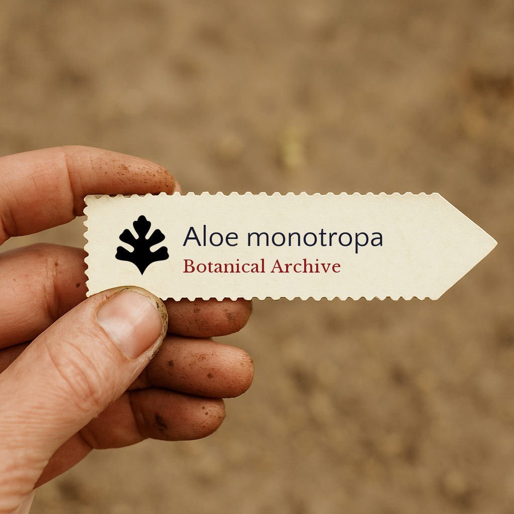 Etichetta stampata per pianta di Aloe monotropa con logo Botanical Archive tenuta a mano