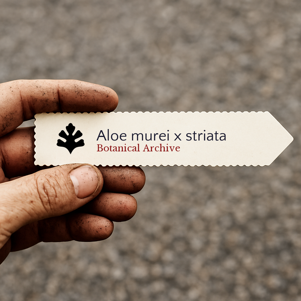 Printed plant label for Aloe murei x striata held by dirty hand outdoors