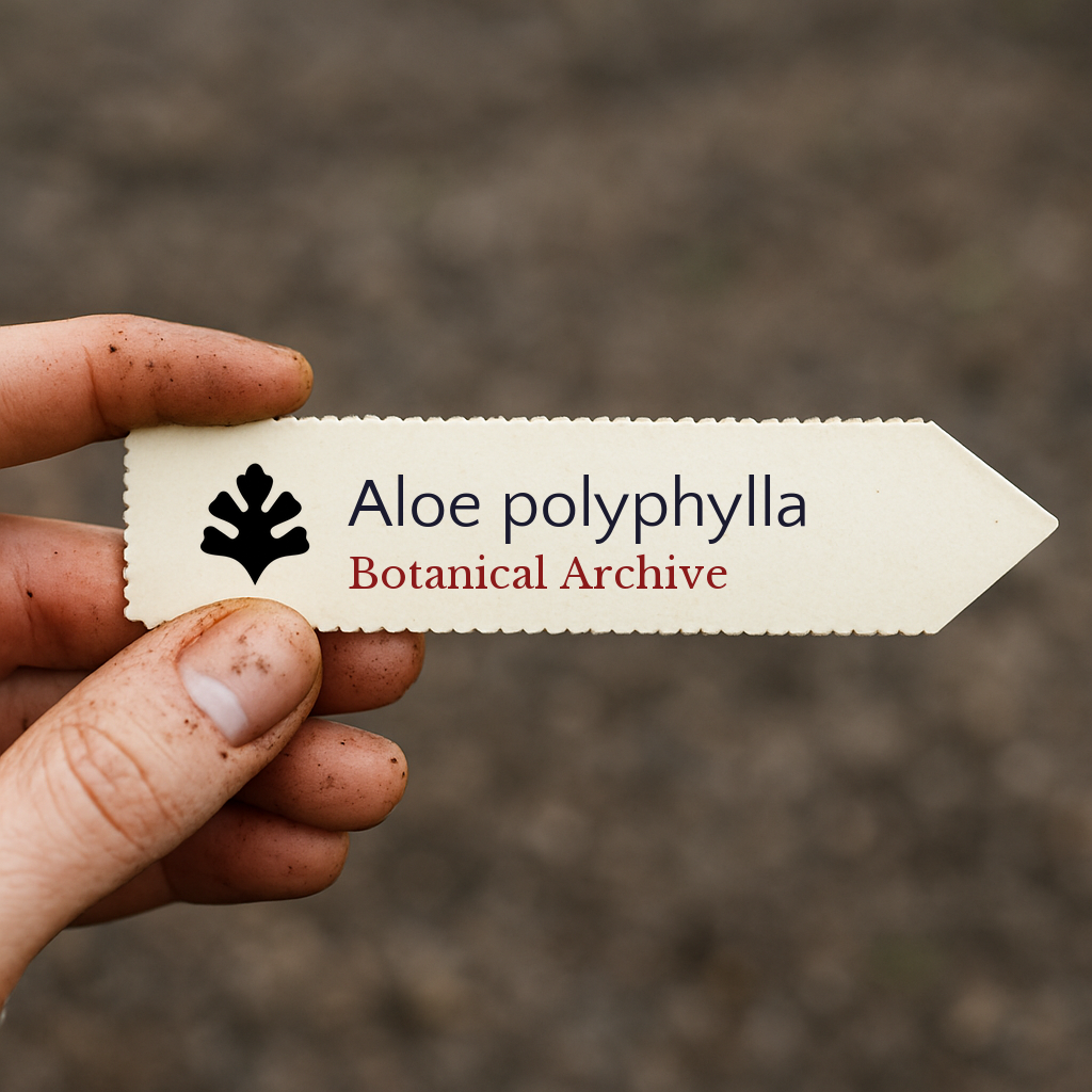 Etichetta per pianta stampata per Aloe polyphylla tenuta da mano sporca su sfondo di terra