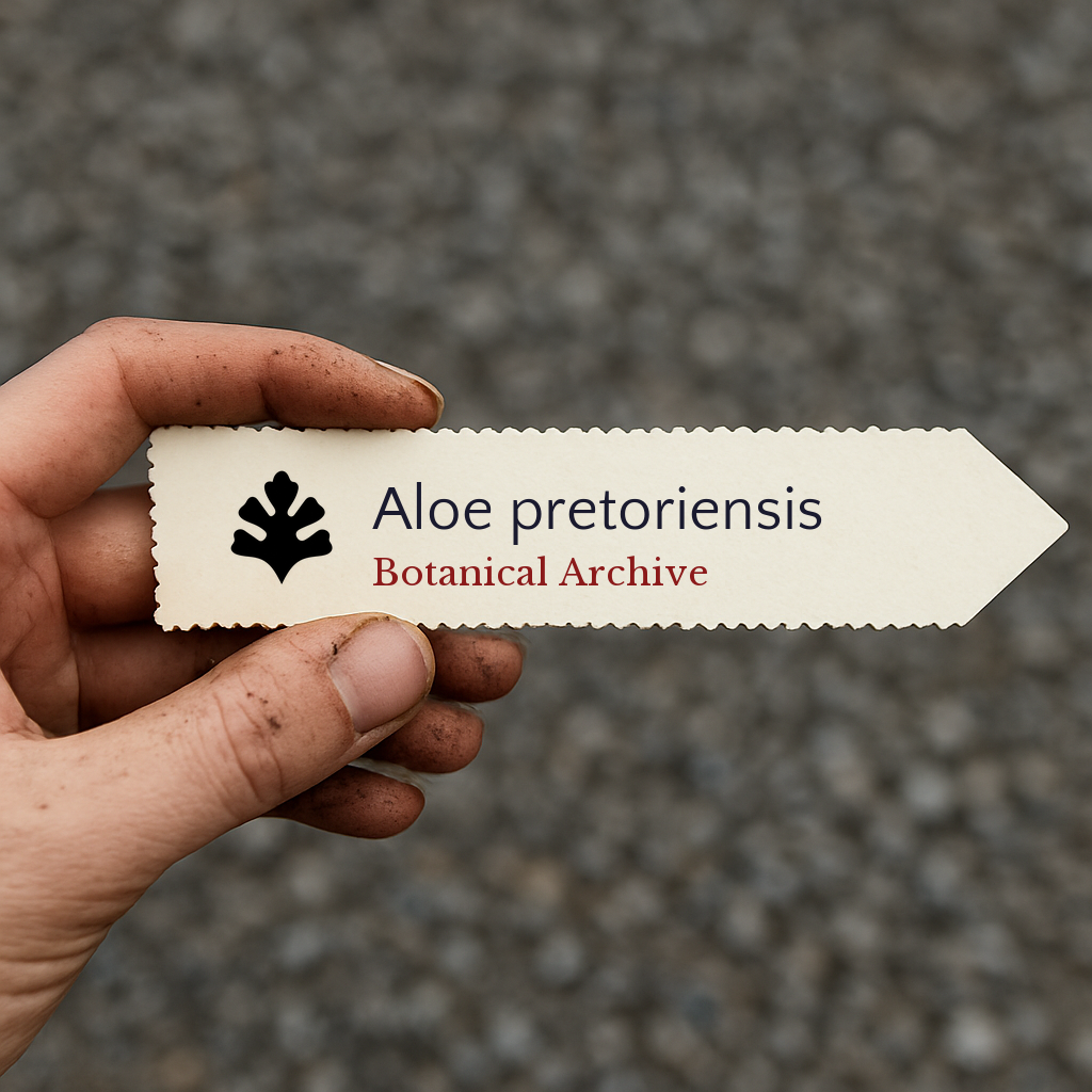 Etichetta della pianta stampata per Aloe pretoriensis tenuta in mano con dita macchiate di terra