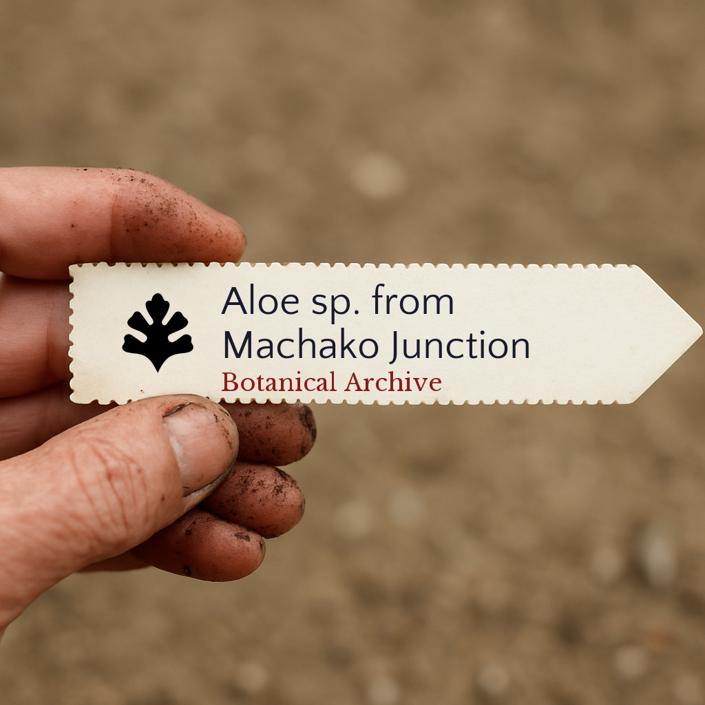 Etichetta per pianta stampata per Aloe sp. da Machako Junction tenuta da mano sporca all'aperto