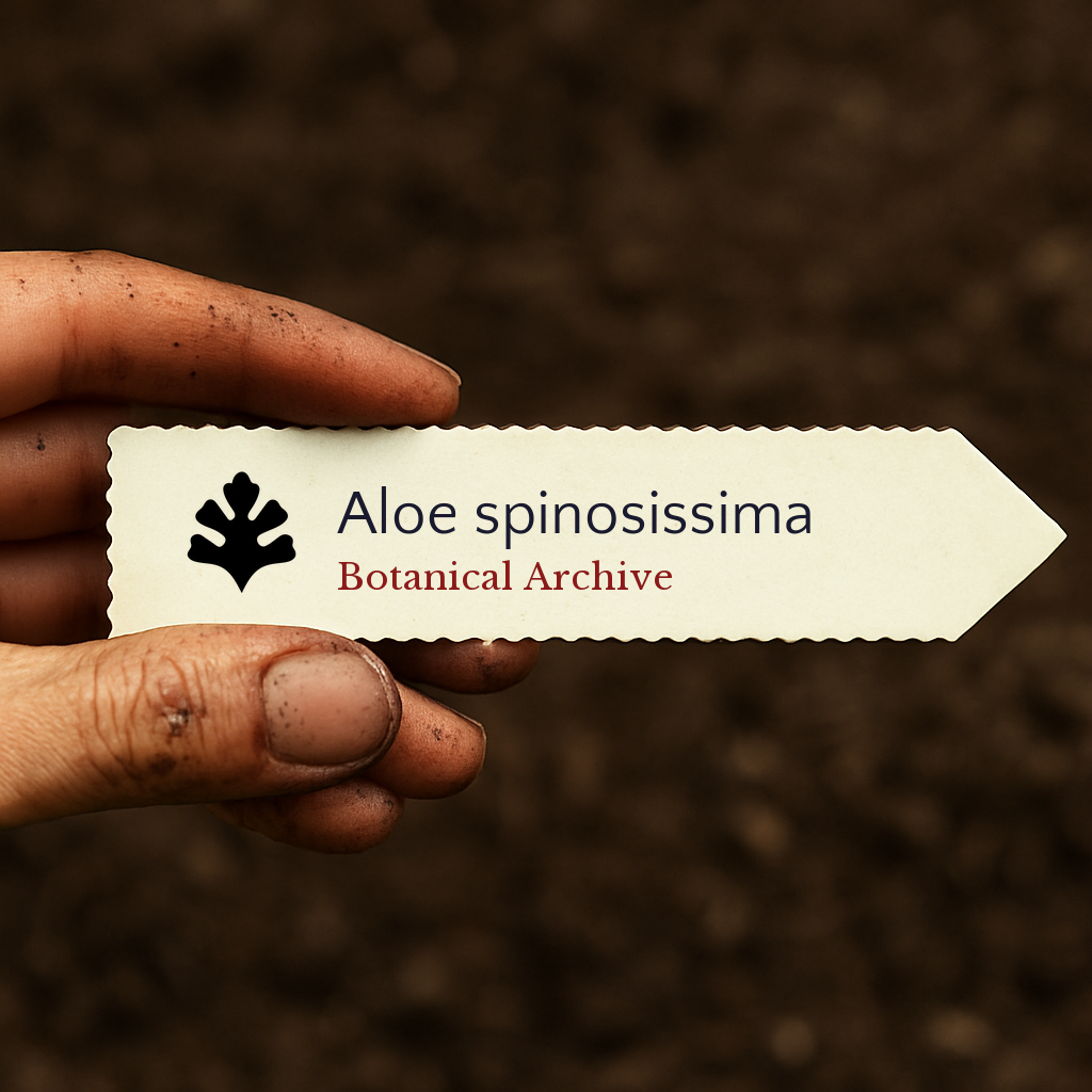 Etichetta stampata per pianta di Aloe spinosissima tenuta da mano sporca su sfondo di terreno