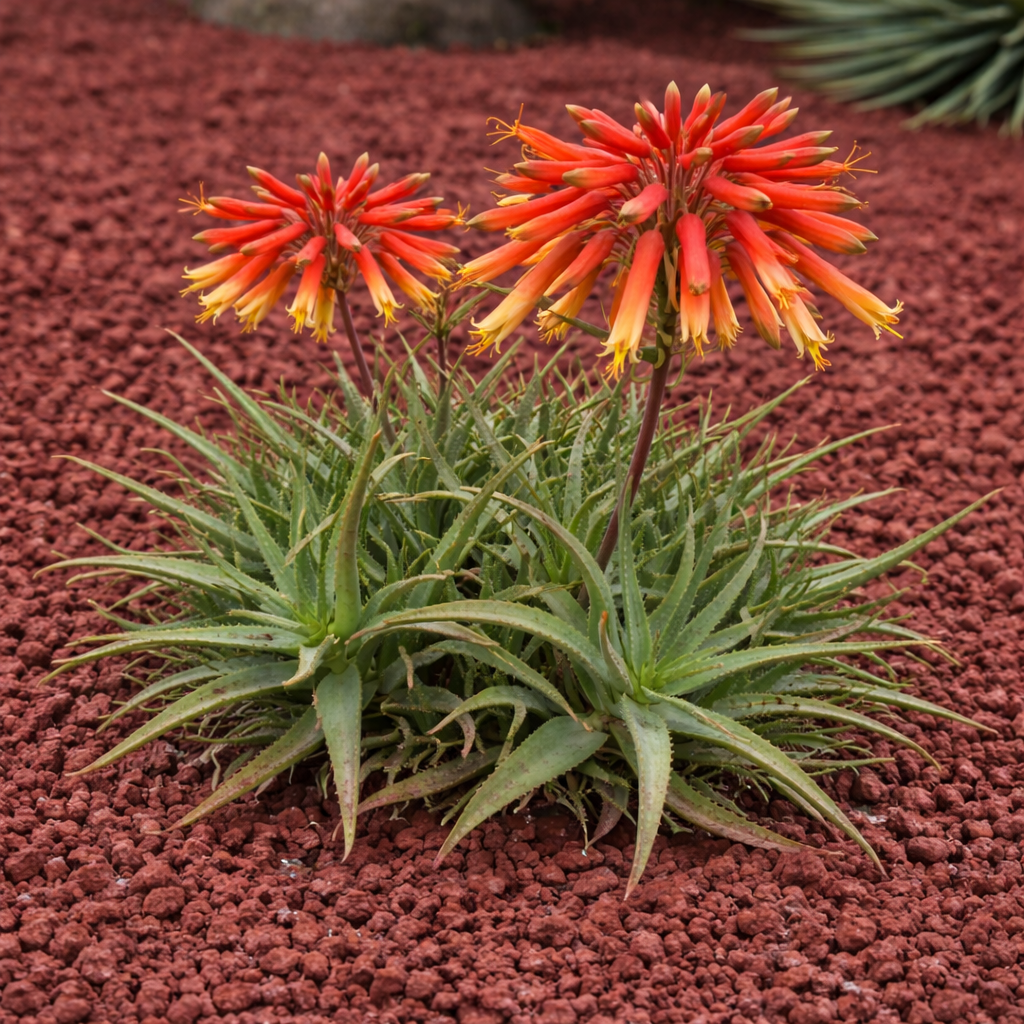 Succulenta Aloe rabaiensis con foglie verdi spinose e vivaci fiori tubolari arancioni