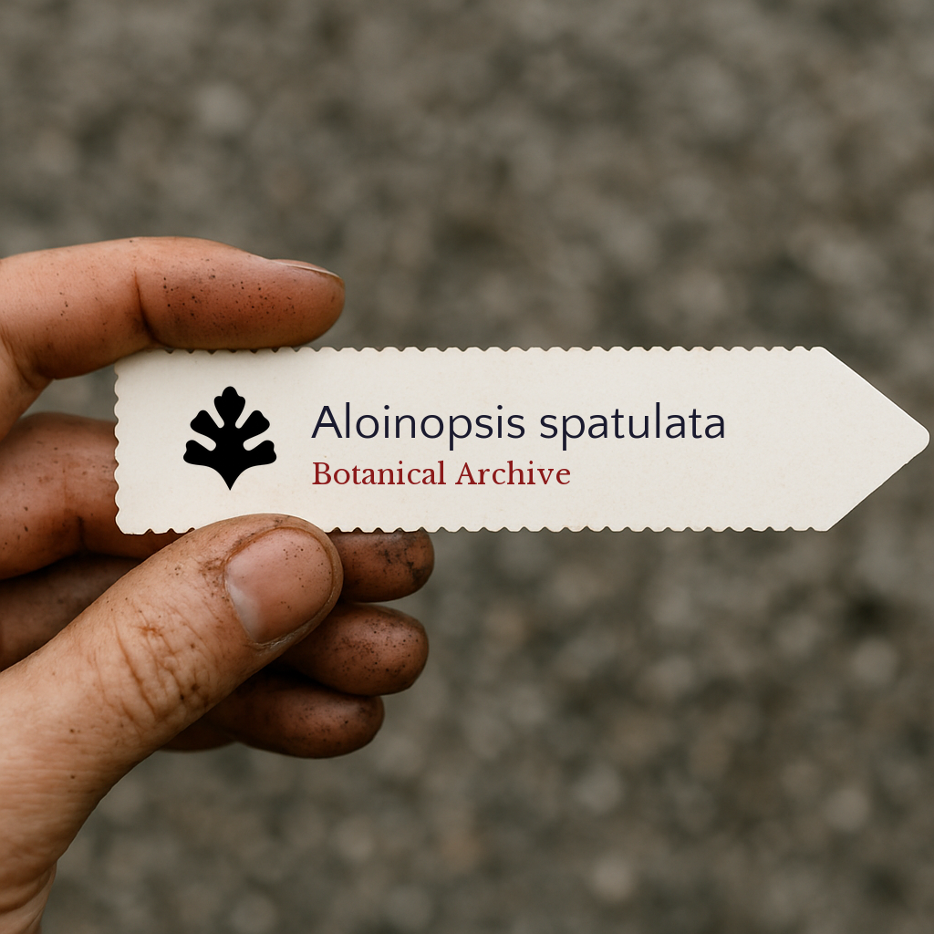 Etichetta per pianta stampata per Aloinopsis spatulata tenuta da mano sporca all'aperto