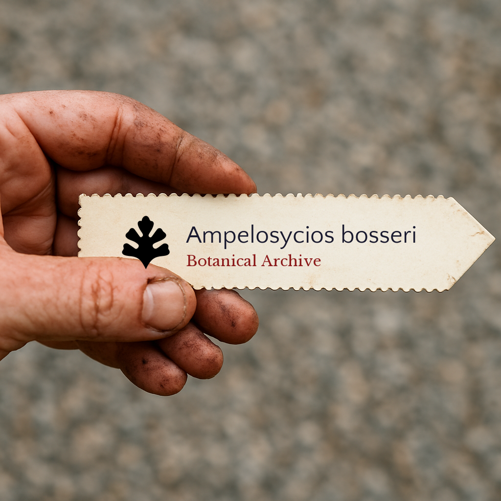 Étiquette de plante imprimée pour Ampelosycios bosseri tenue à la main avec un fond de terre