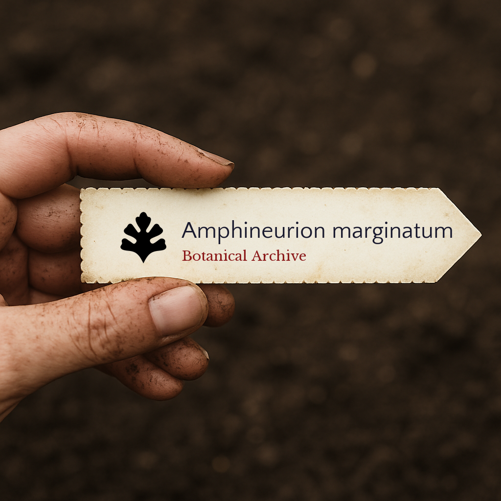 Printed plant label for Amphineurion marginatum held by dirty hand over soil background
