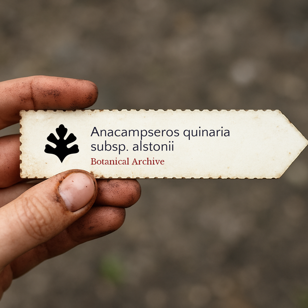 Printed plant label for Anacampseros quinaria subsp. alstonii held by dirty hand outdoors