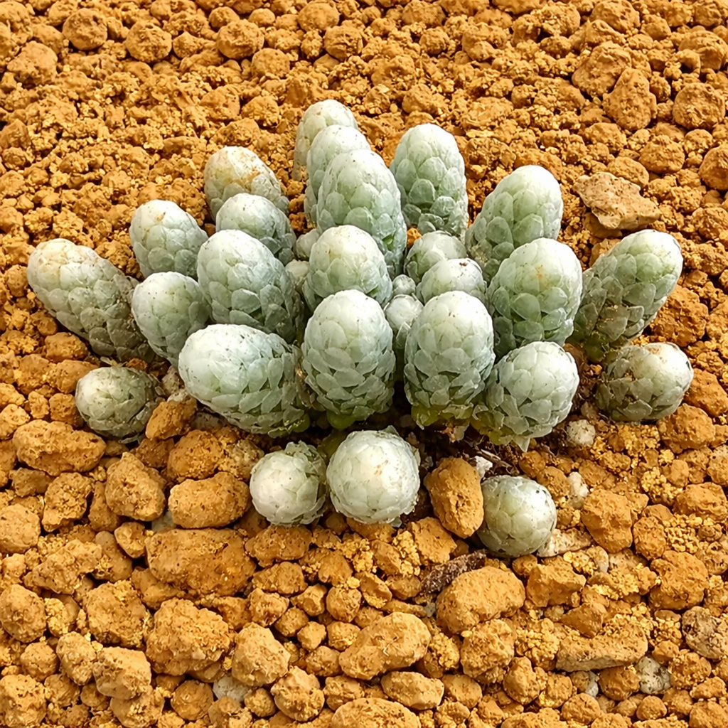 Suculenta Anacampseros papyracea con hojas redondeadas de color verde pálido agrupadas sobre suelo rocoso