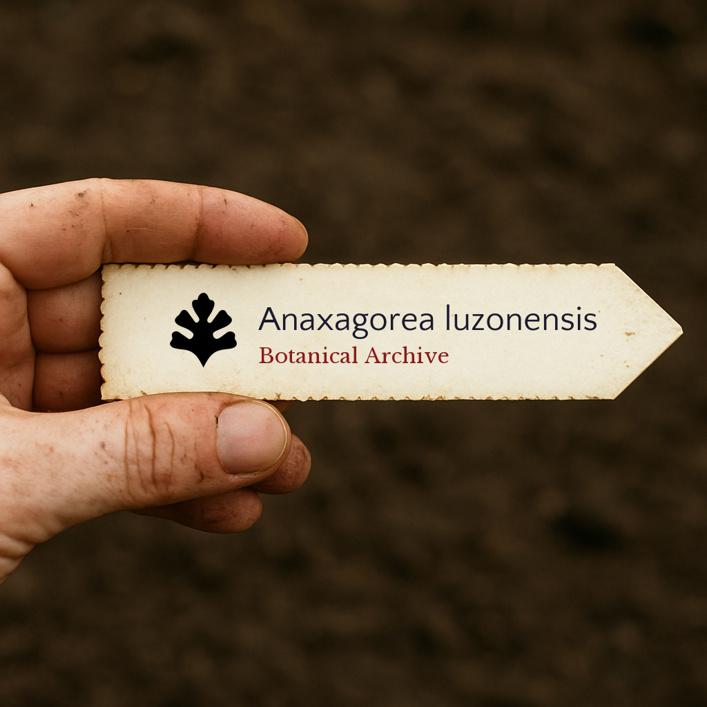 Bedrucktes Pflanzenetikett für Anaxagorea luzonensis von Botanical Archive, in der Hand gehalten vor einem Bodenhintergrund