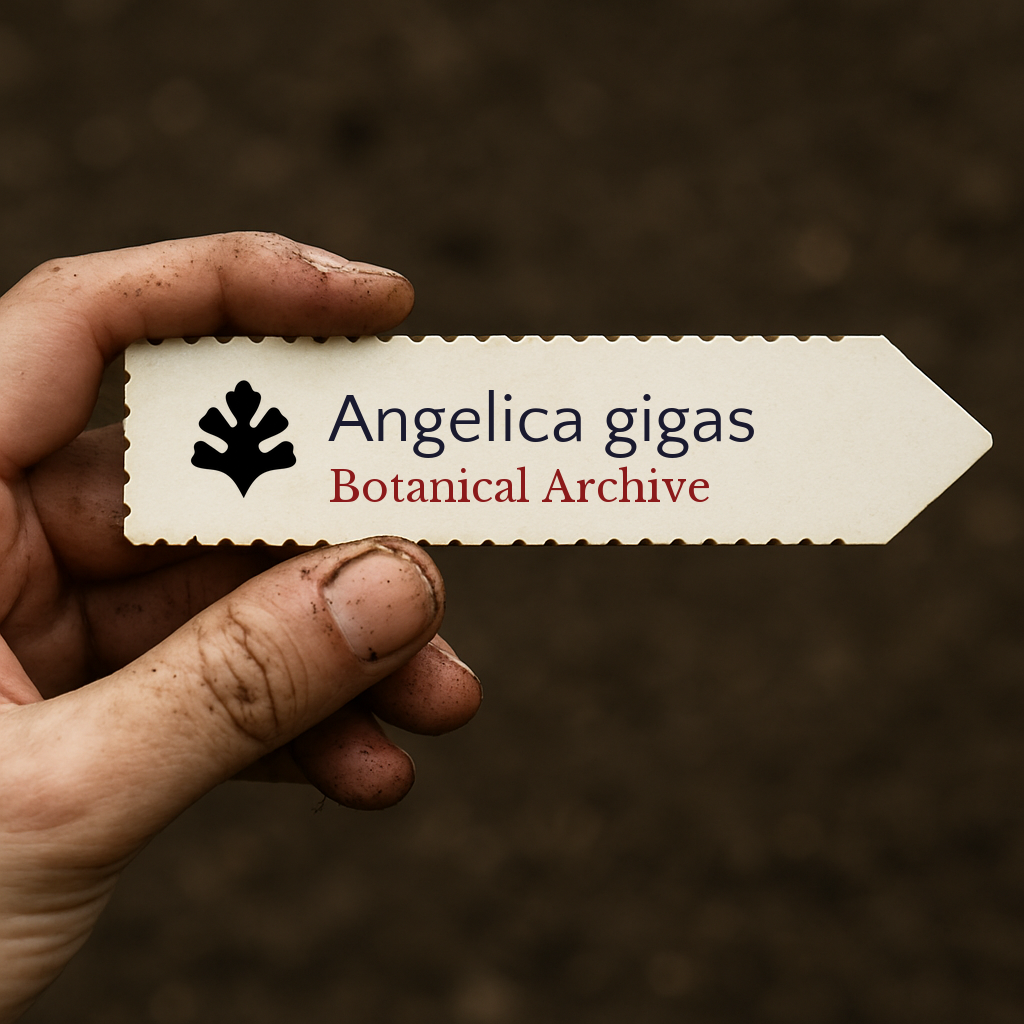 Bedrucktes Pflanzenetikett für Angelica gigas, gehalten von einer schmutzigen Hand vor einem Erd-Hintergrund