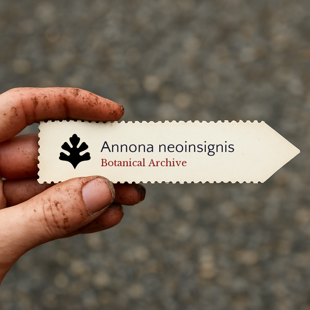 Etichetta per pianta stampata di Annona neoinsignis tenuta da una mano sporca all'aperto