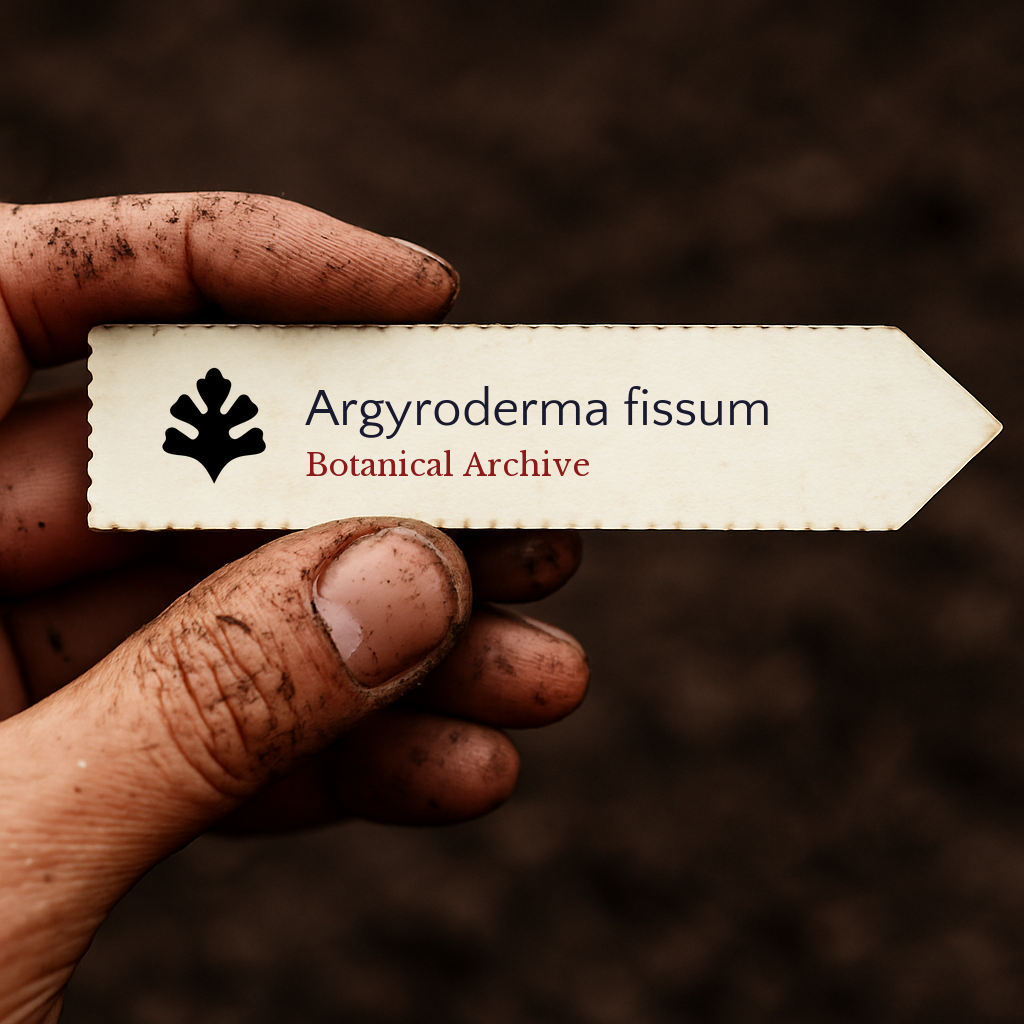 Bedrucktes Pflanzenetikett für Argyroderma fissum, gehalten von einer schmutzigen Hand vor einem Bodenhintergrund