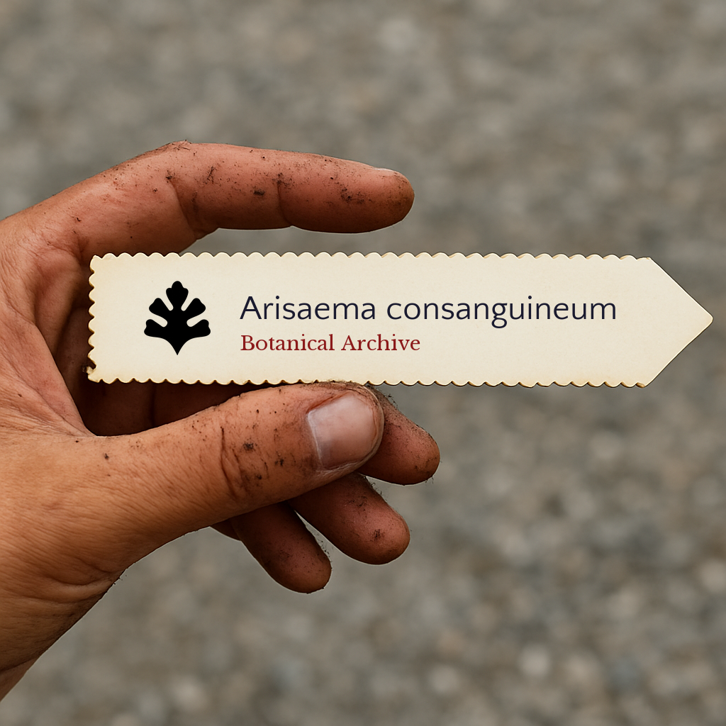Printed plant label for Arisaema consanguineum held by dirty hand outdoors