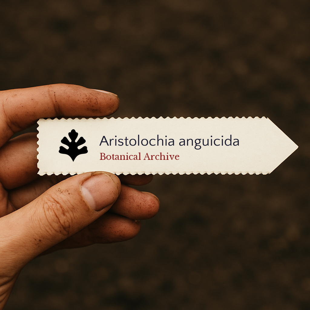 Trykt planteetikett for Aristolochia anguicida holdt i hånden med jordbakgrunn
