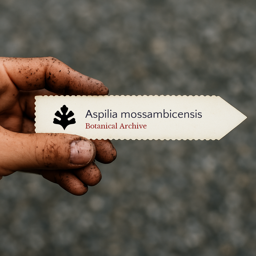 Etichetta per pianta stampata per Aspilia mossambicensis tenuta da mano sporca su sfondo sfocato
