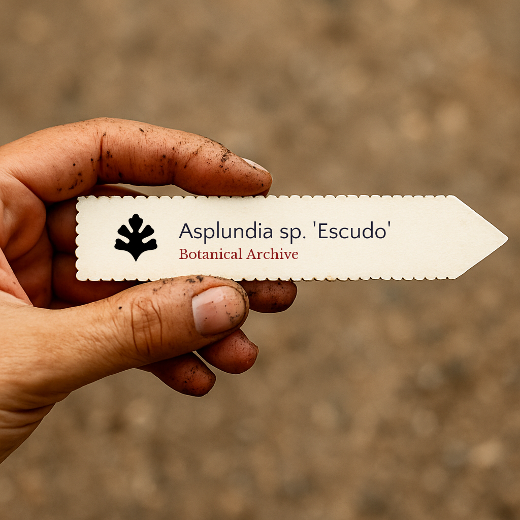 Printed plant label for Asplundia sp. 'Escudo' held by dirty hand outdoors