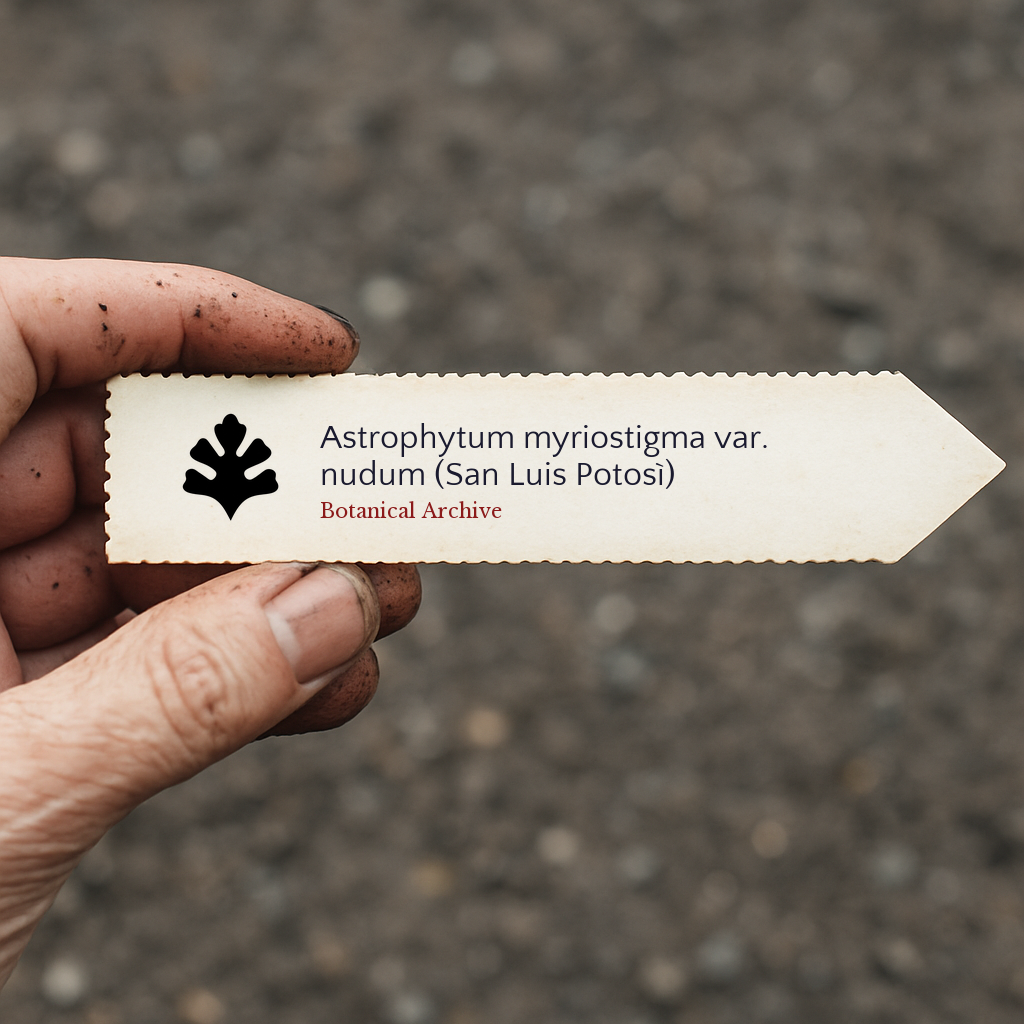 Trykt planteetikett for Astrophytum myriostigma var. nudum holdt i hånden med jordbakgrunn