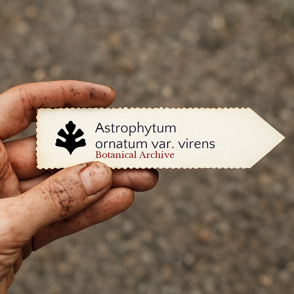 Trykt planteetikett for Astrophytum ornatum var. virens med Botanical Archive-logo holdt av skitten hånd