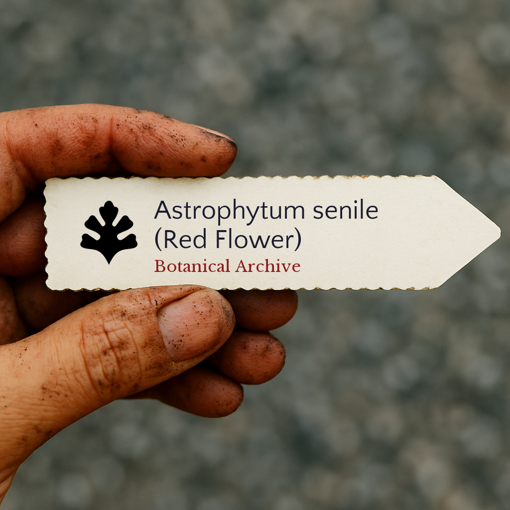 Trykt planteetikett for Astrophytum senile holdt av skitten hånd mot uskarpt bakgrunn