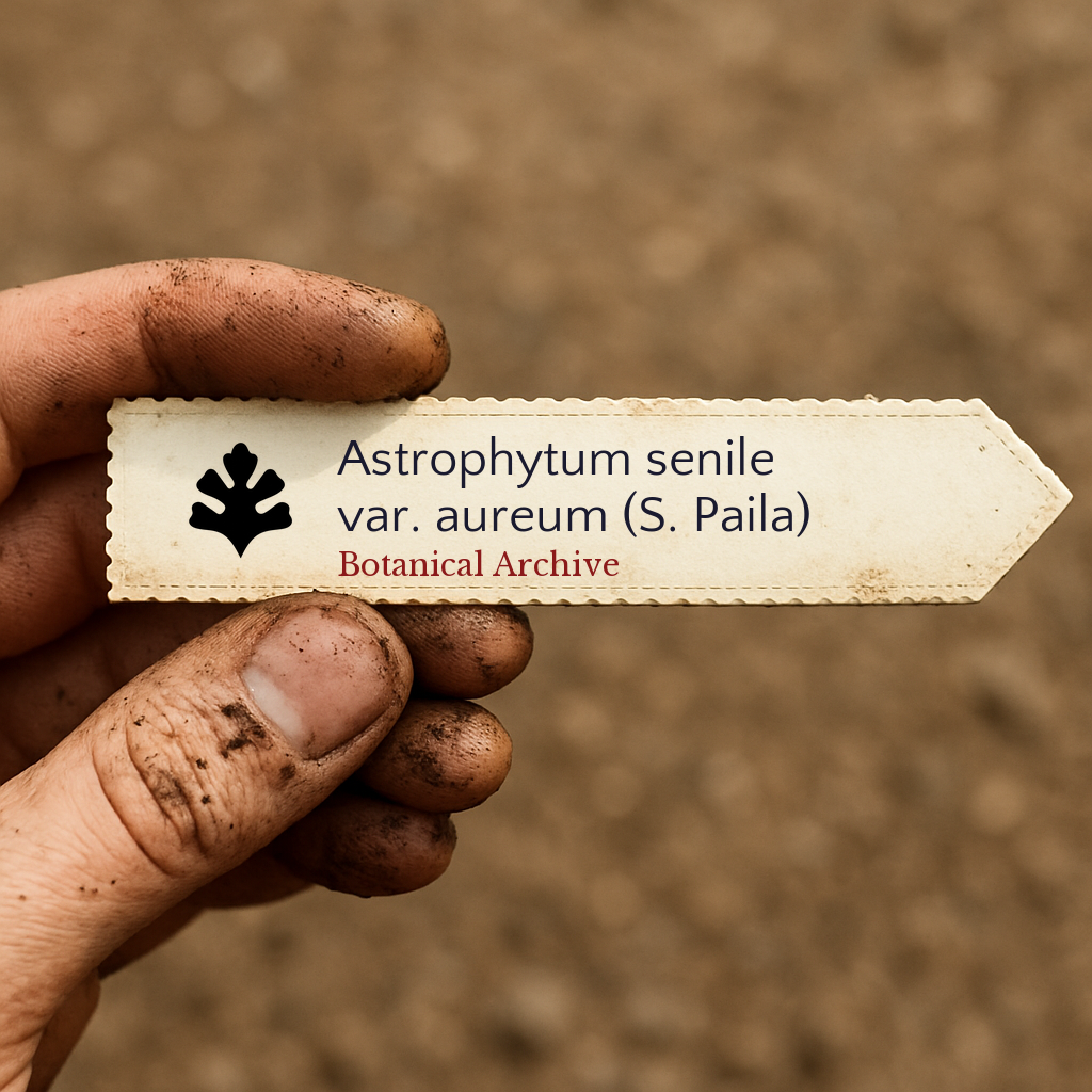 Trykt planteetikett for Astrophytum senile var. aureum holdt av skitten hånd utendørs