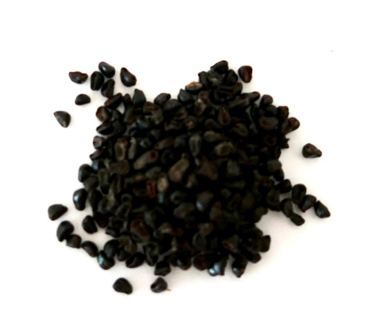 Black seeds of Astrophytum ornatum form spiralis on a white surface