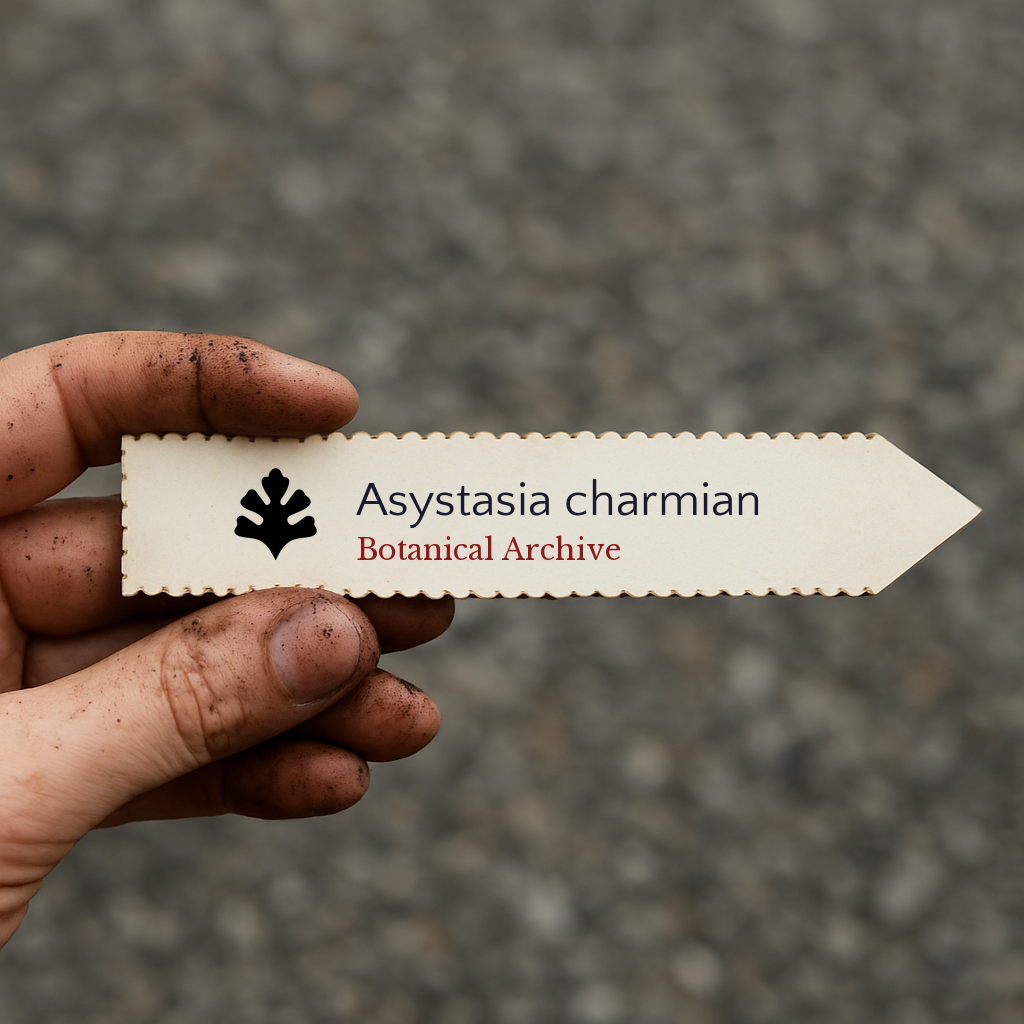 Bedrucktes Pflanzenetikett für Asystasia charmian, gehalten von einer Hand mit Erde an den Fingern