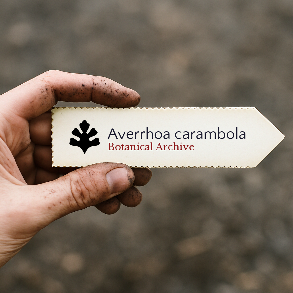 Etichetta stampata per pianta di Averrhoa carambola tenuta in mano con dita sporche di terra