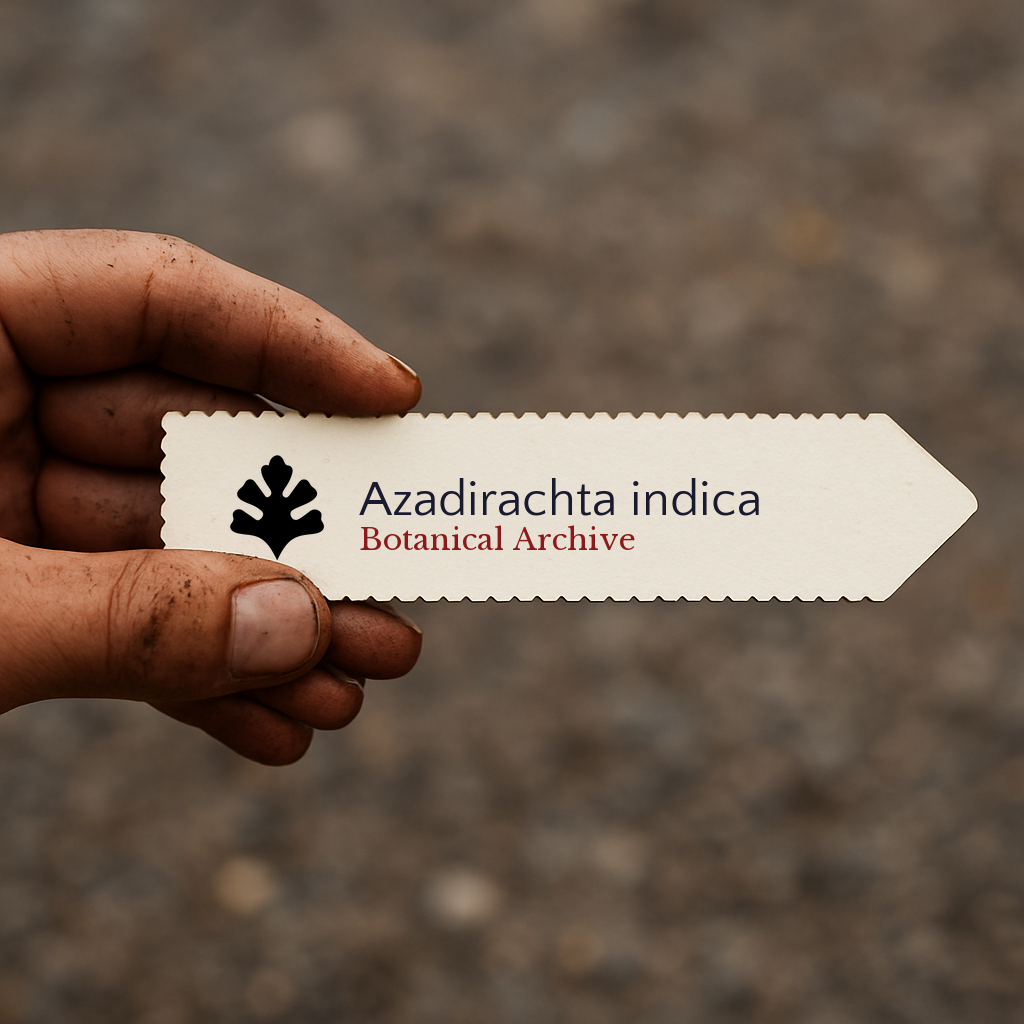 Etichetta per piante stampata per Azadirachta indica tenuta in mano con sfondo di terra