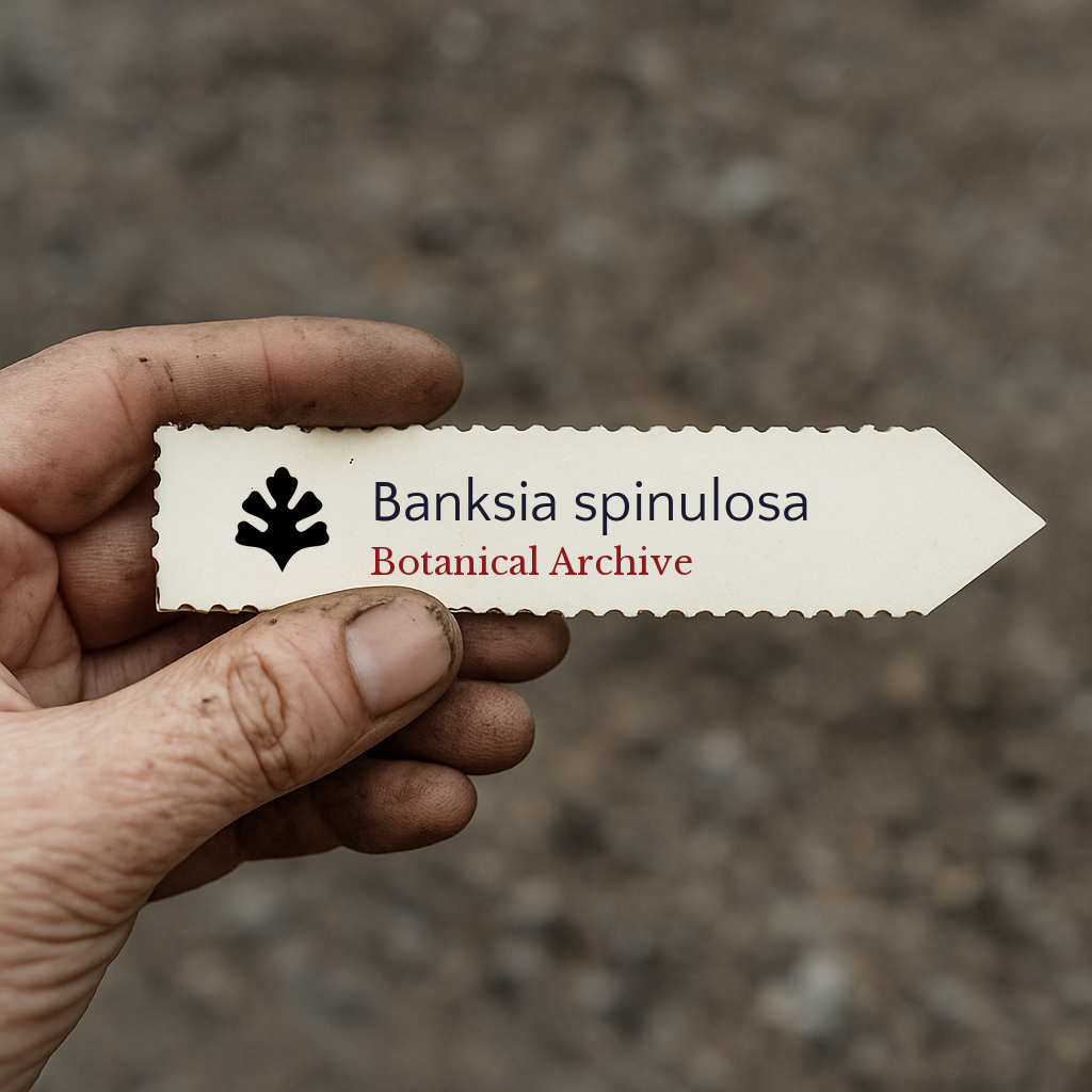 Bedrucktes Pflanzenetikett für Banksia spinulosa, gehalten von schmutziger Hand im Freien